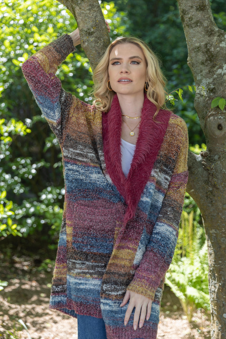 Fur Collared Abstract Striped Cardigan