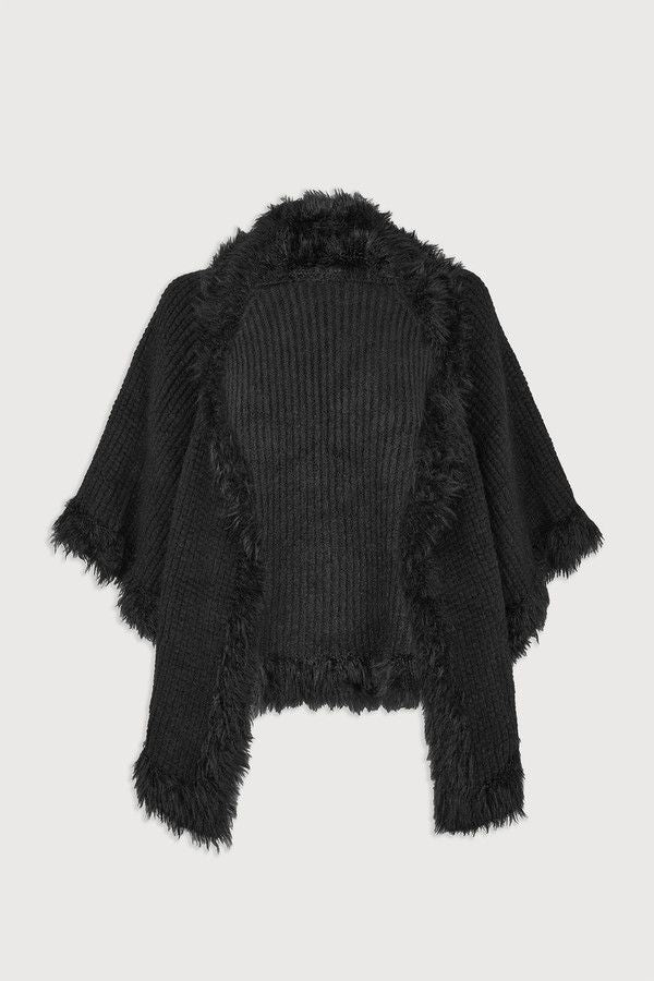 Fur Trim Knit Open Cardigan - Black