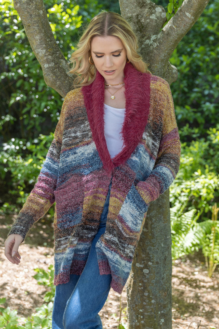 Fur Collared Abstract Striped Cardigan