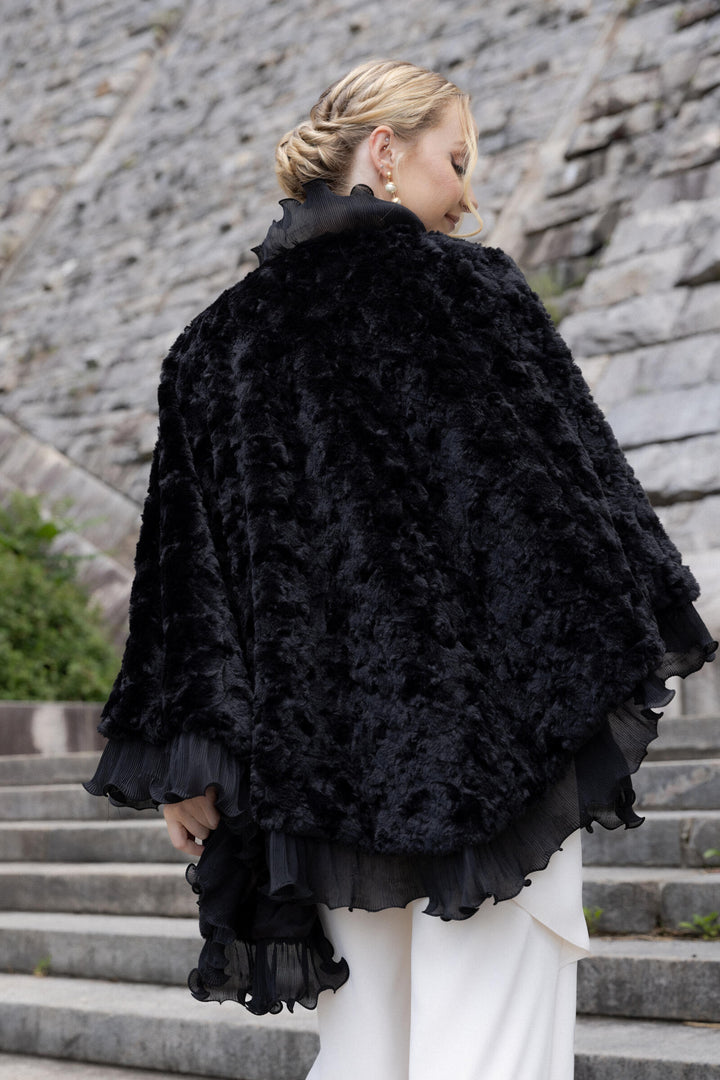 Ruffled Faux Fur Cape