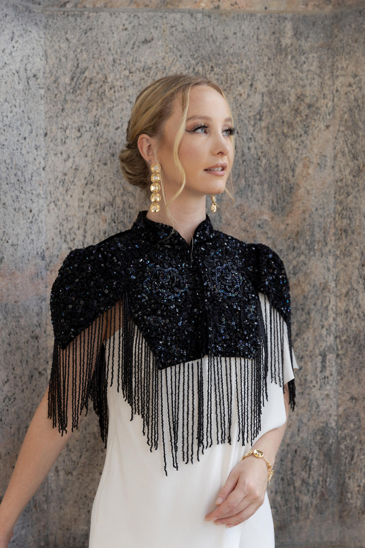 Rosette Embellished Velvet Fringed Capelet