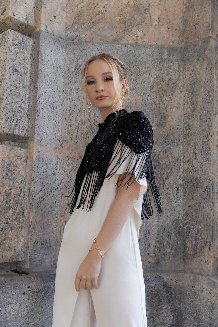 Rosette Embellished Velvet Fringed Capelet
