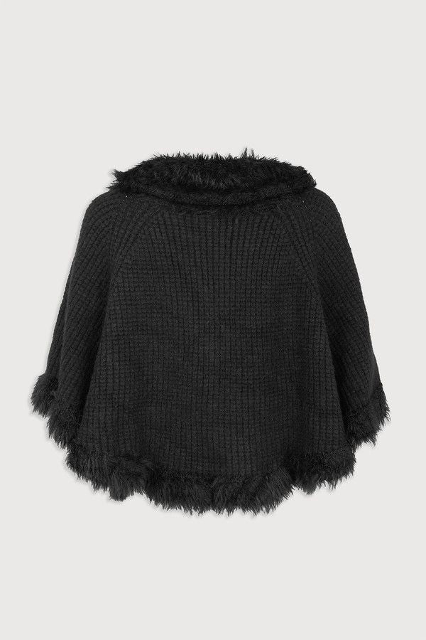 Fur Trim Knit Open Cardigan - Black