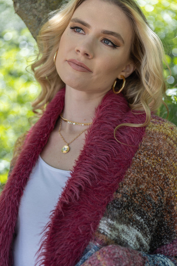 Fur Collared Abstract Striped Cardigan
