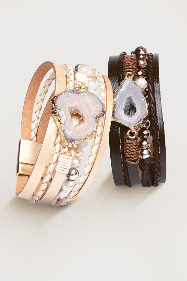 Beaded Vegan Leather Agate Bracelet