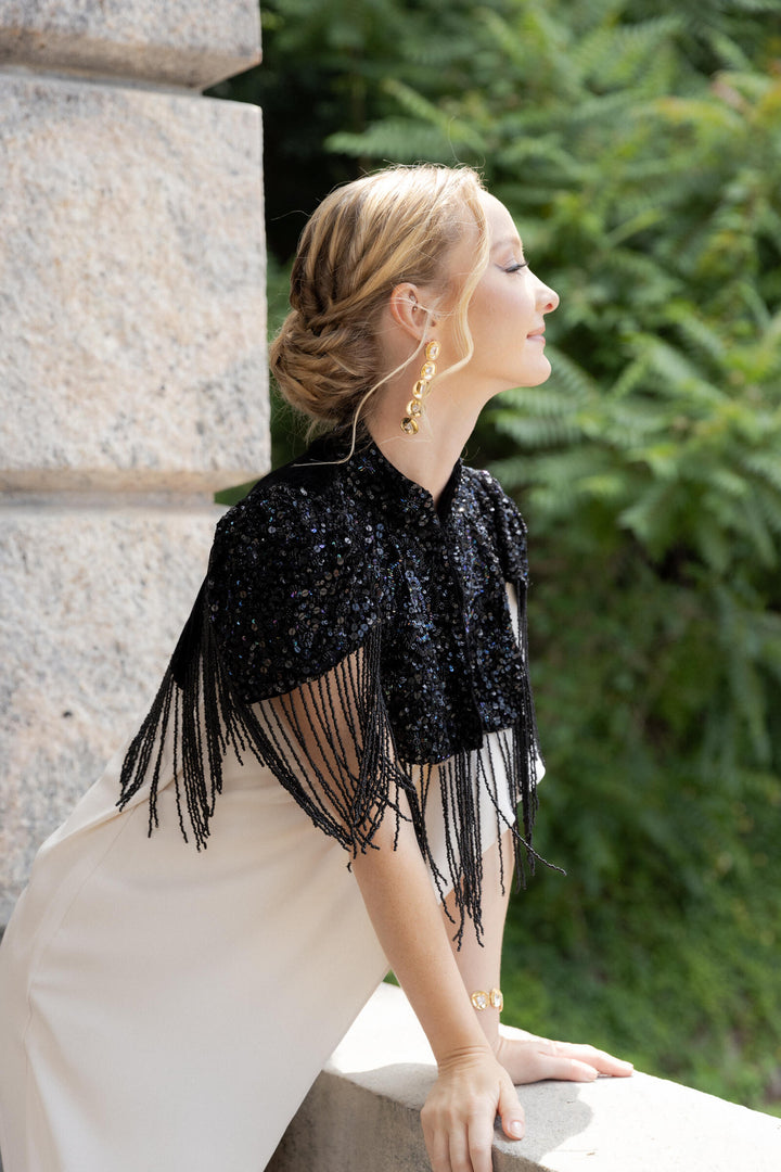 Rosette Embellished Velvet Fringed Capelet