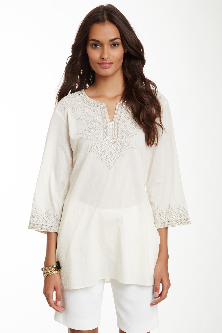 Elegant White Embroidered Cotton Tunic
