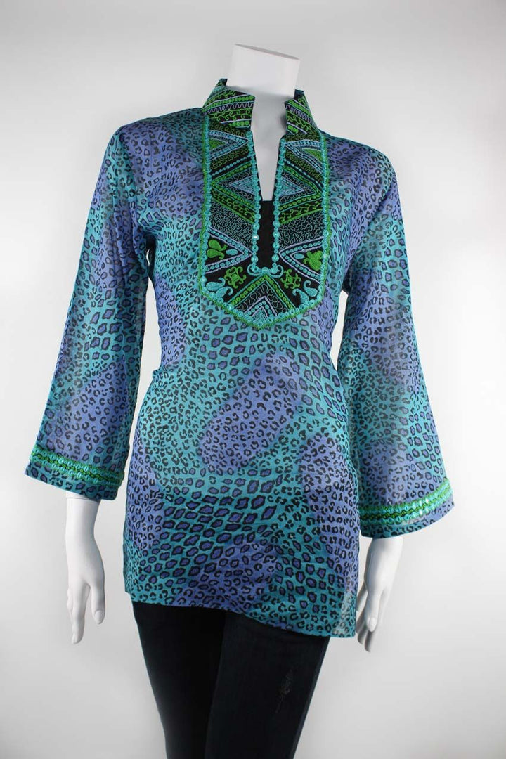 Detail Embroidered Split Neck Teal Tunic