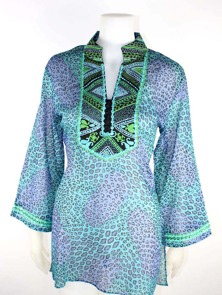 Detail Embroidered Split Neck Teal Tunic