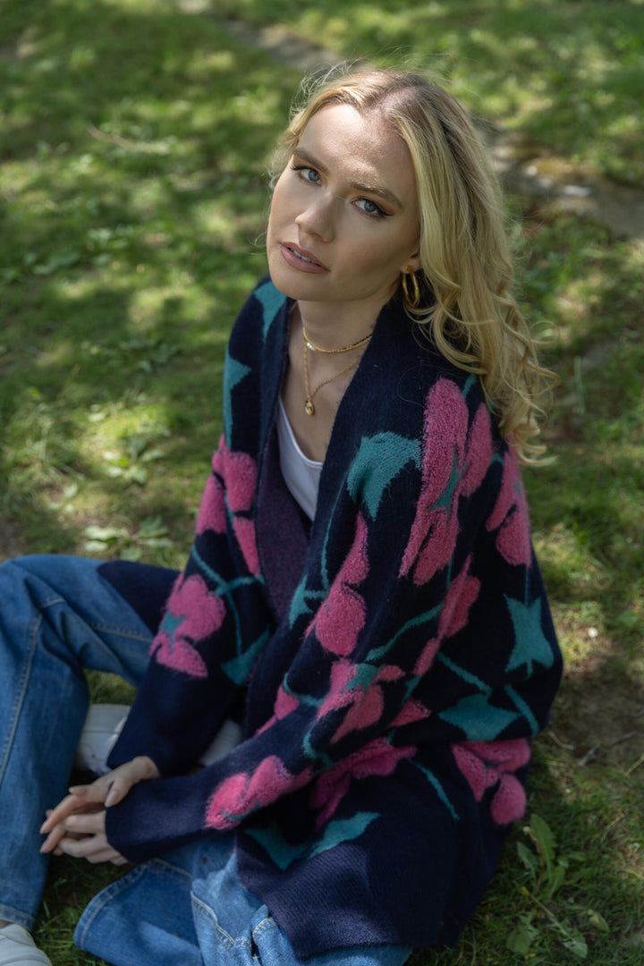Floral Knit Cardigan Diamond Patterned