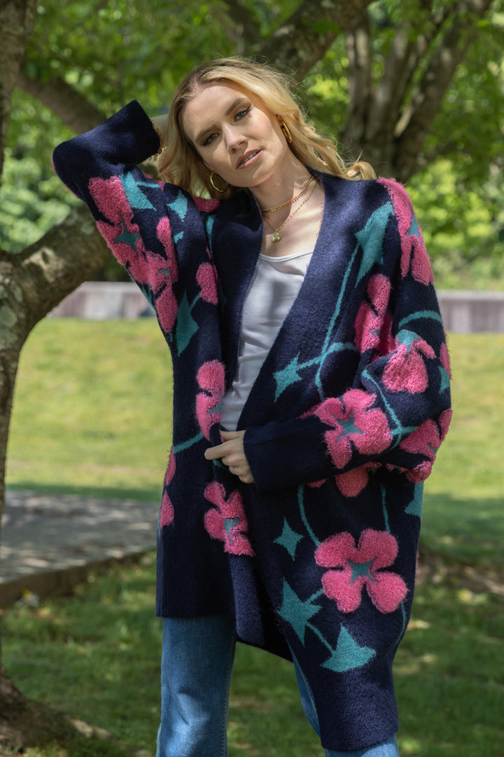 Floral Knit Cardigan Diamond Patterned