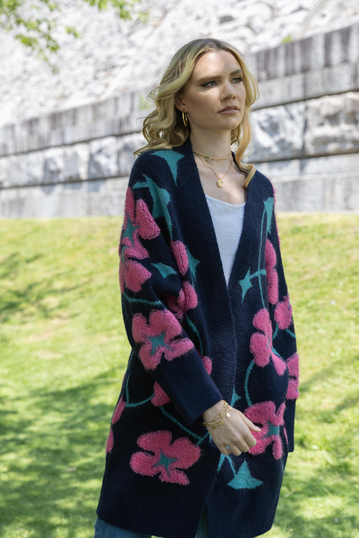 Floral Knit Cardigan Diamond Patterned