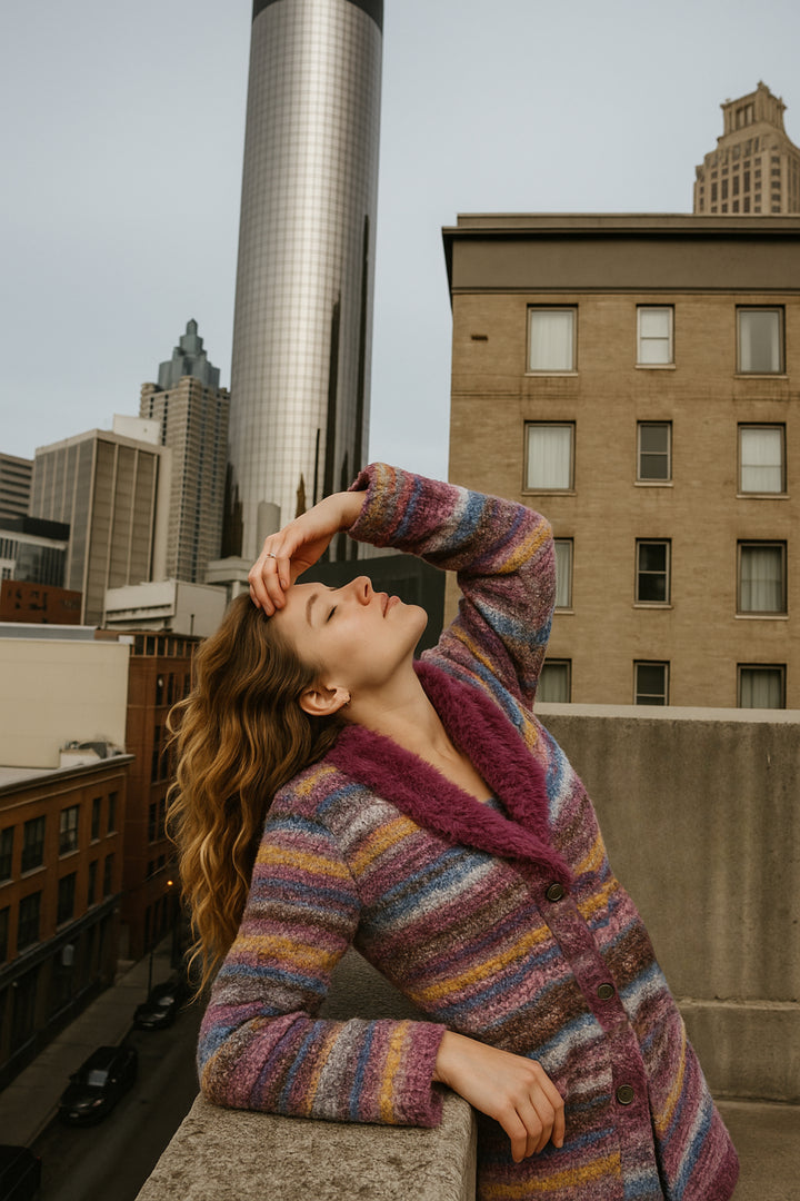Fur Collared Abstract Striped Cardigan