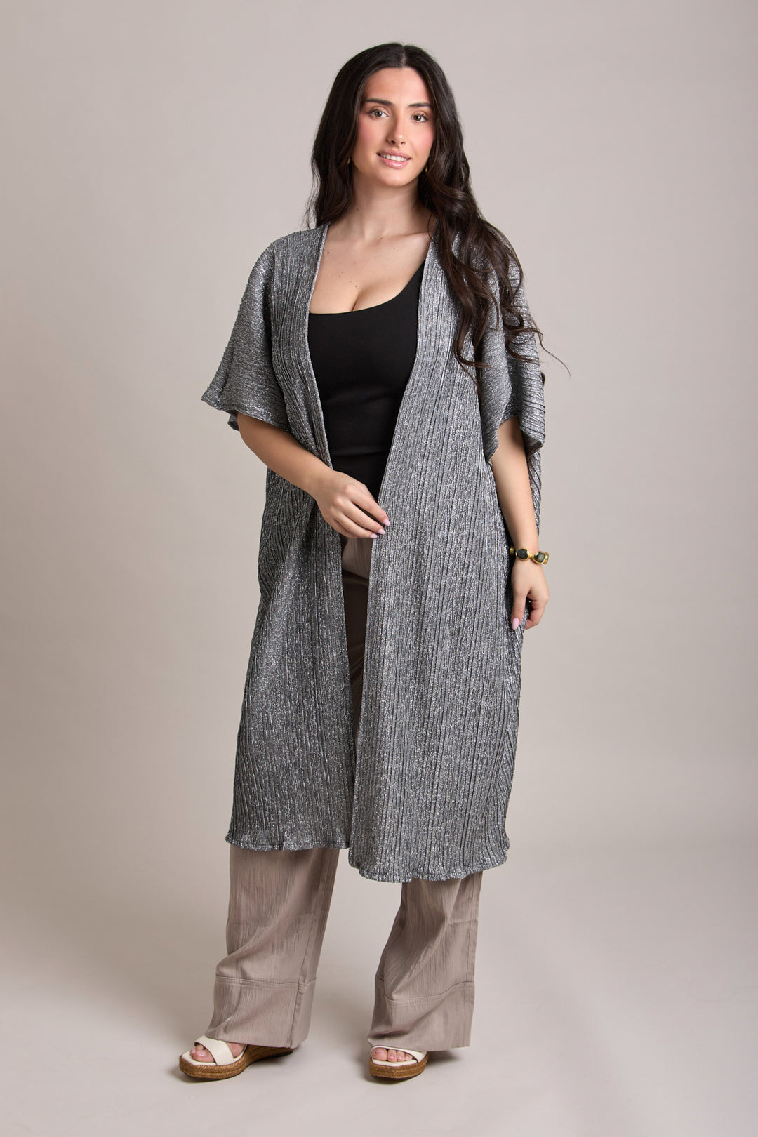 Pleated Metallic Kimono - Gunmetal