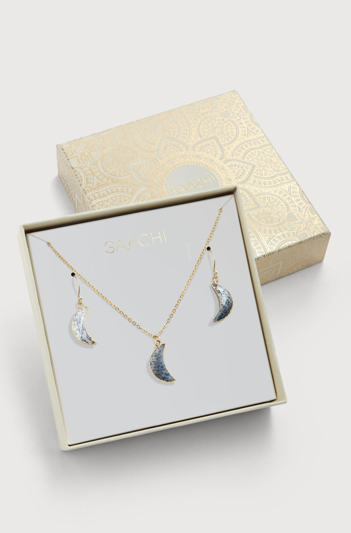 Mini Moon Gemstone Earring and Necklace Set