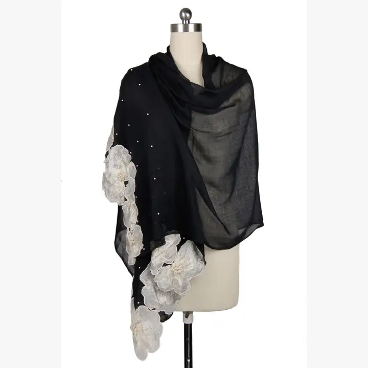 3D Floral Silk Embroidered Scarf with Eyelash Fringe