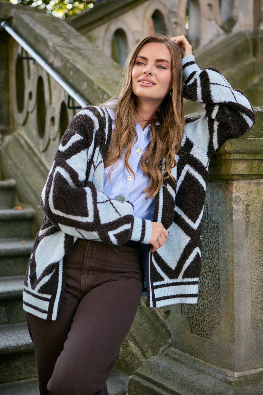 Open Argyle Knit Cardigan - Brown Multi