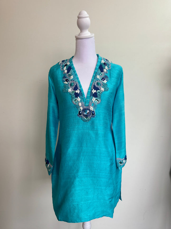 Floral Embellished turquoise Silk Tunic