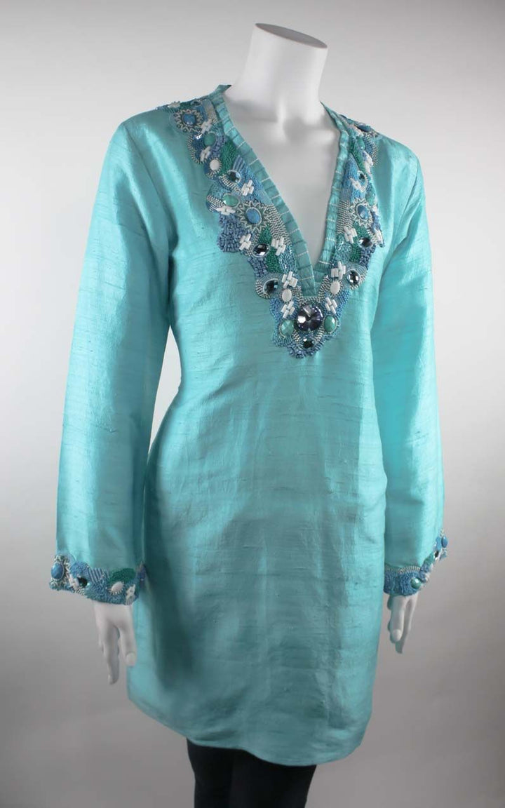 Floral Embellished turquoise Silk Tunic