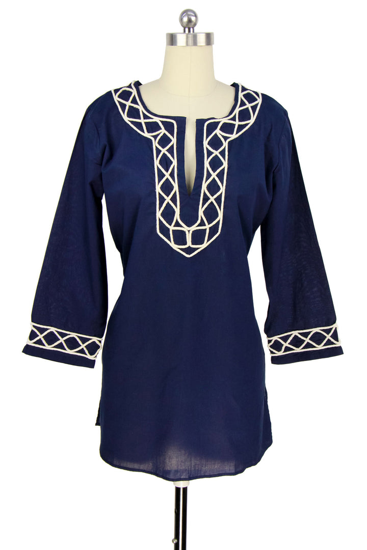 Navy Tunic Shirt with White Embroidery, Ethnic Boho Top