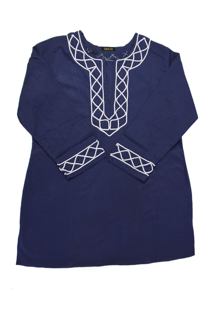 Navy Tunic Shirt with White Embroidery, Ethnic Boho Top
