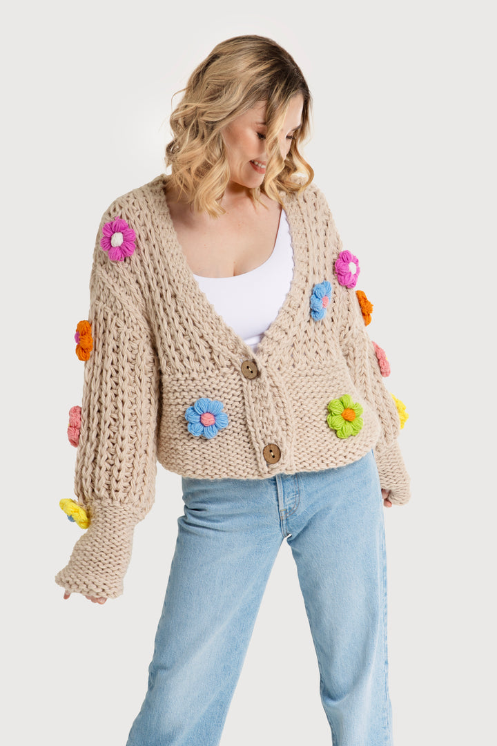 Knitted Floral Appliqué Cardigan With Buttons
