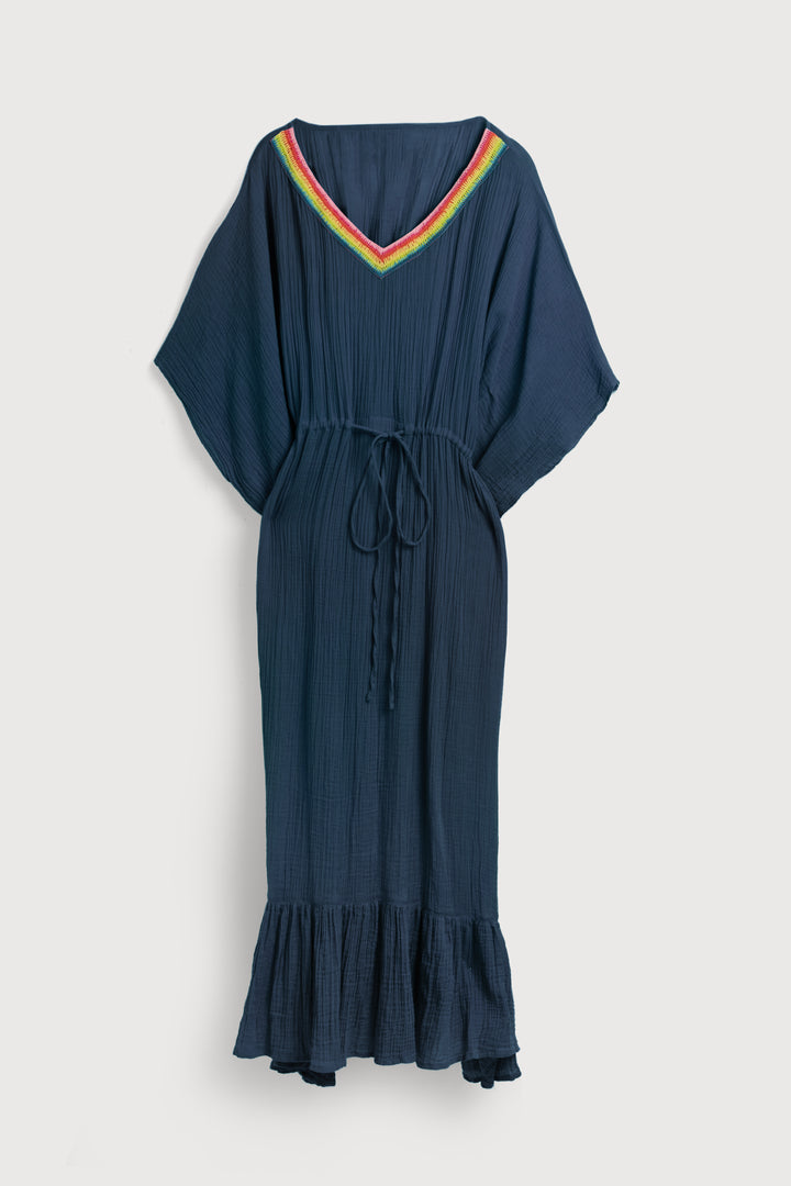 Rainbow Crochet Tie Waist Ruffled Kaftan