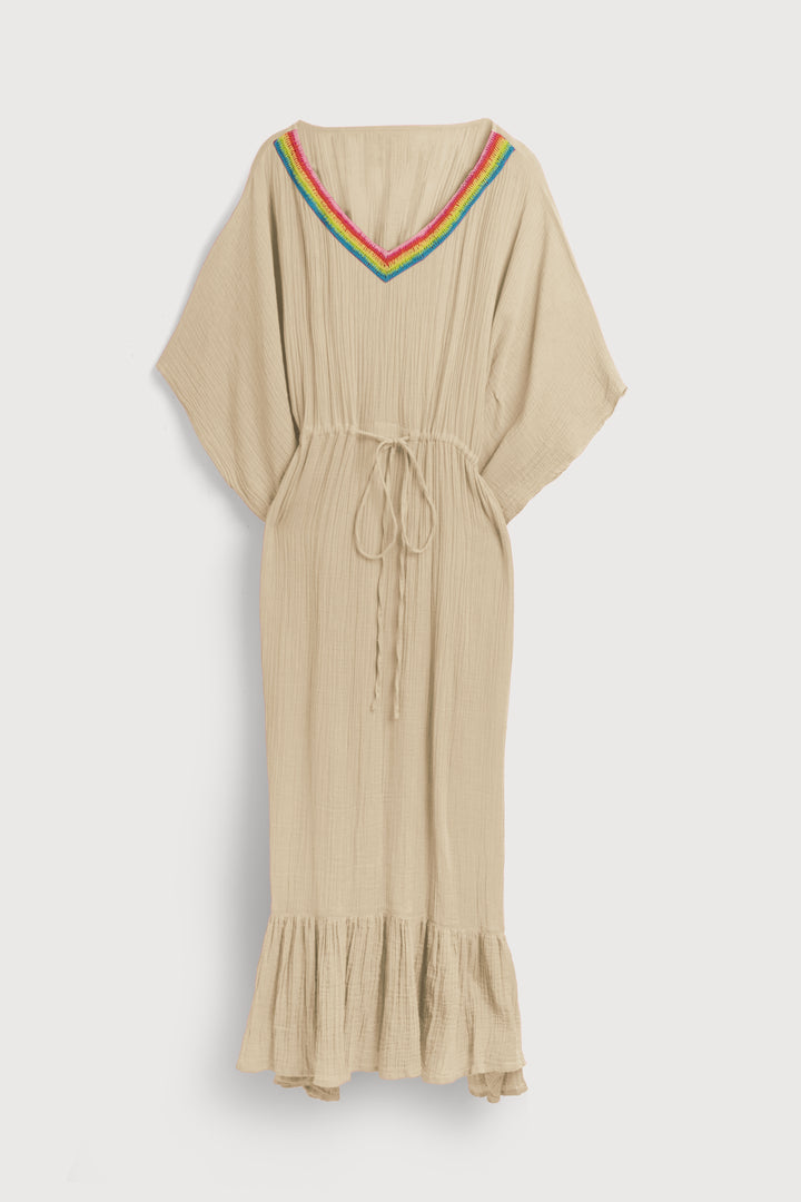 Rainbow Crochet Tie Waist Ruffled Kaftan