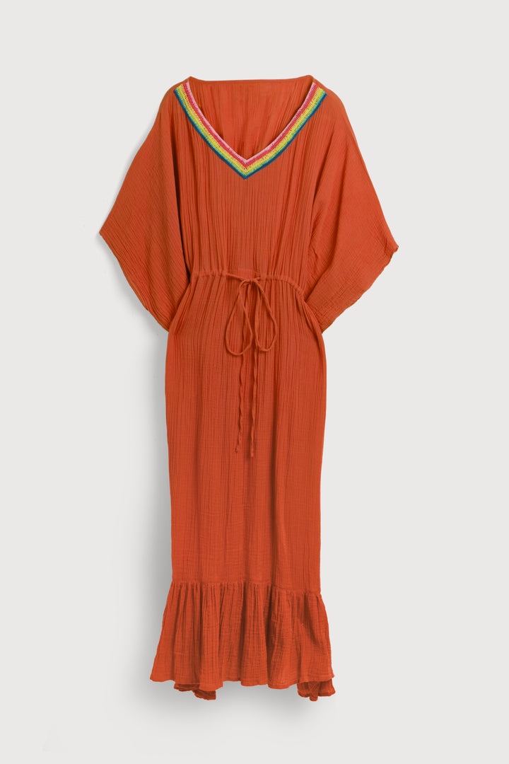 Rainbow Crochet Tie Waist Ruffled Kaftan