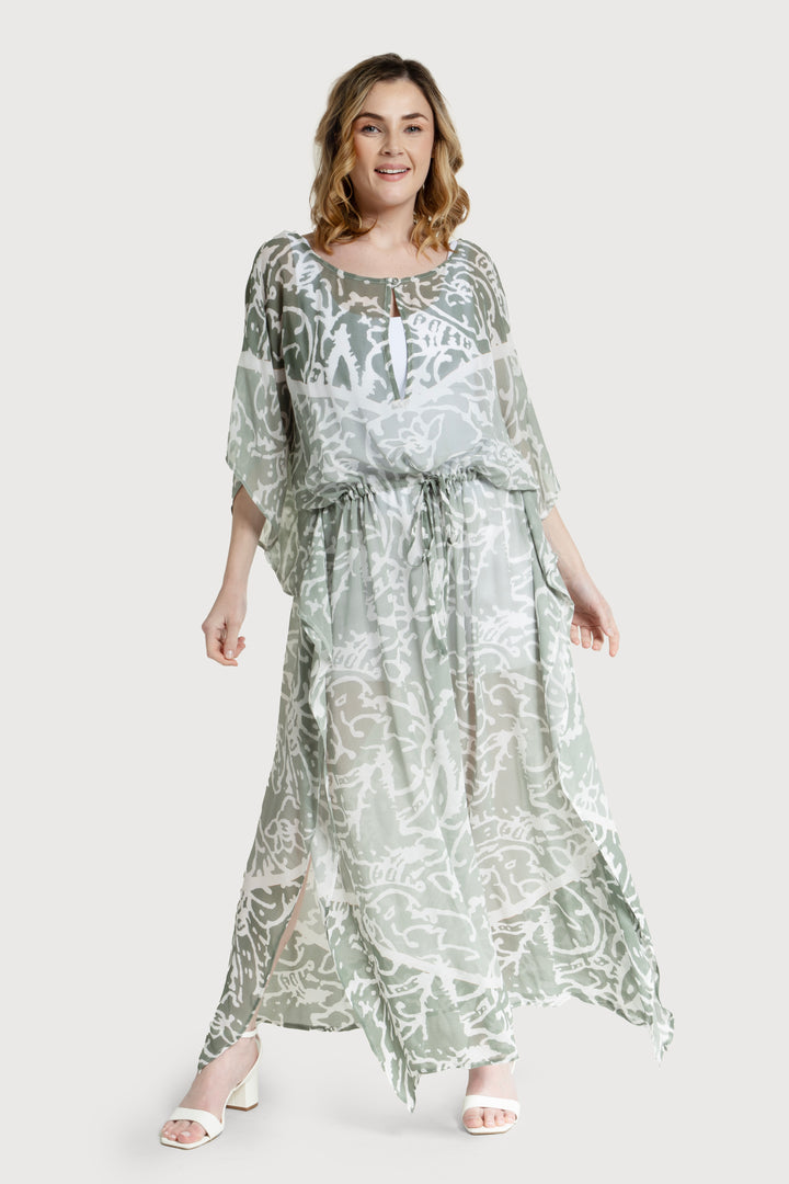 Two-Tone Tie Waist Keyhole Kaftan