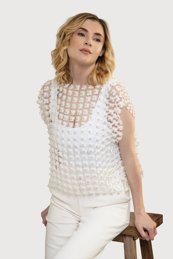 Pearl Accented Floral Shell - White