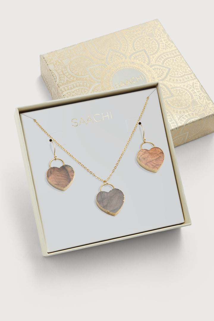 Natural Stone Heart Earrings and Necklace Set
