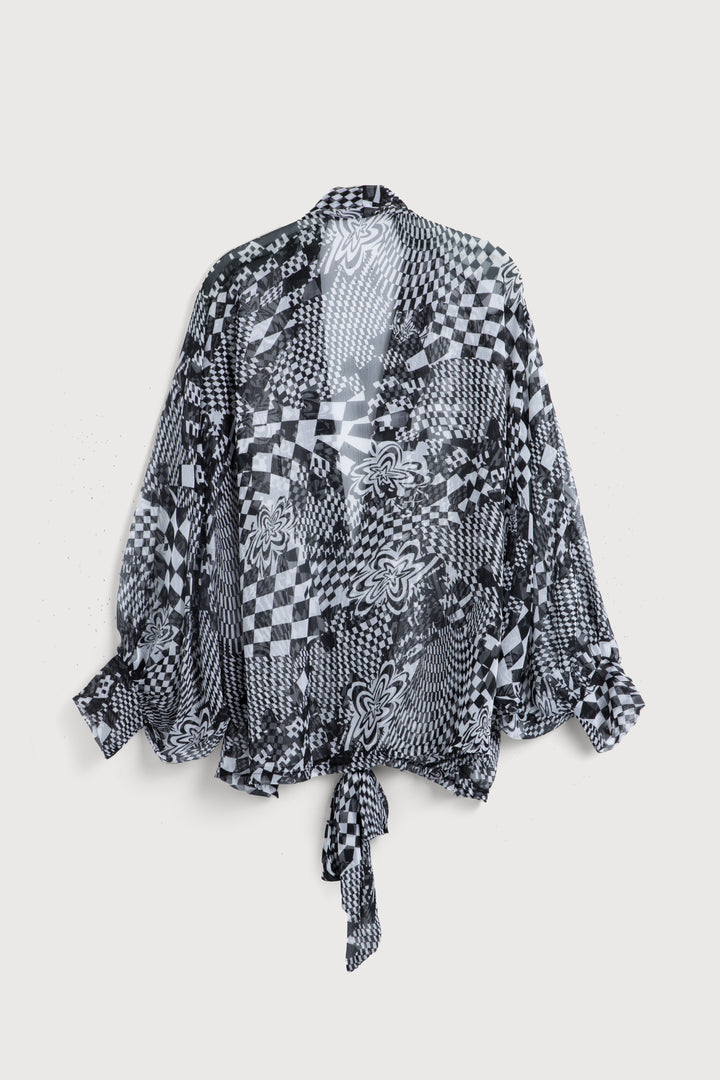 Sheer Floral Geo Tie Front Kimono