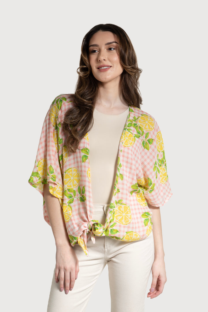 Gingham Citrus Tie Front Kimono
