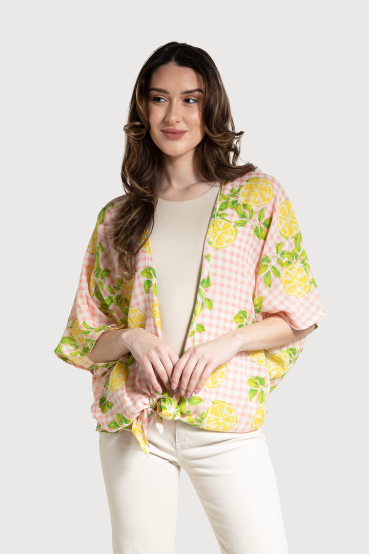 Gingham Citrus Tie Front Kimono