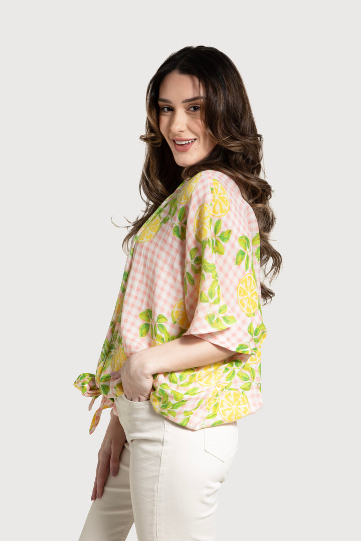 Gingham Citrus Tie Front Kimono