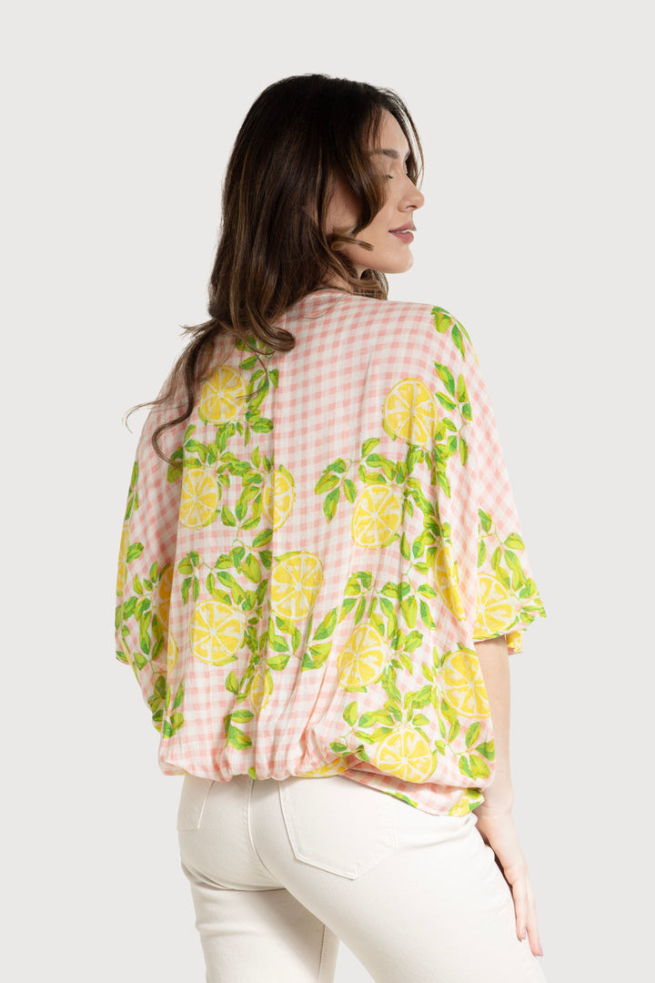 Gingham Citrus Tie Front Kimono