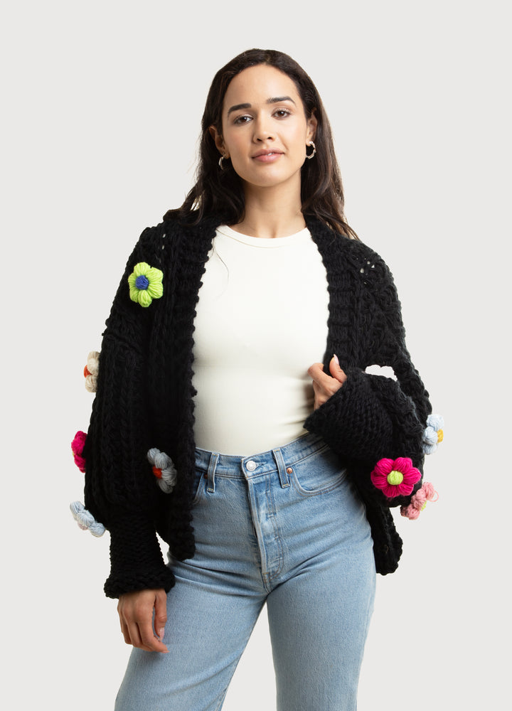 Knitted Floral Appliqué Cardigan With Buttons