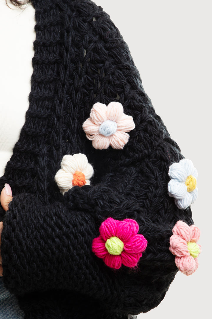 Knitted Floral Appliqué Cardigan With Buttons