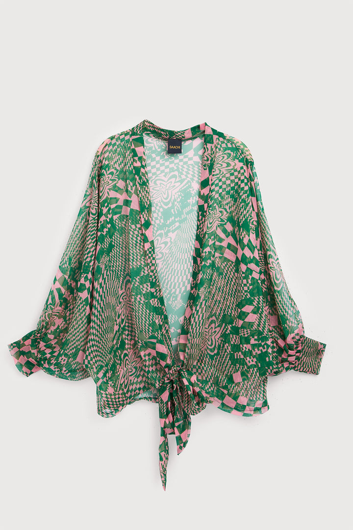 Sheer Floral Geo Tie Front Kimono