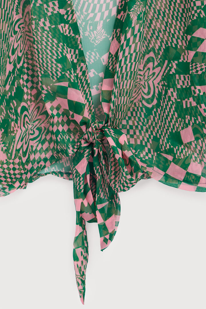 Sheer Floral Geo Tie Front Kimono