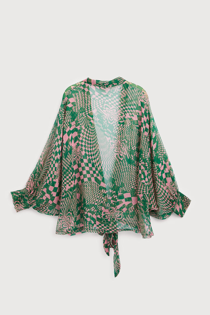 Sheer Floral Geo Tie Front Kimono