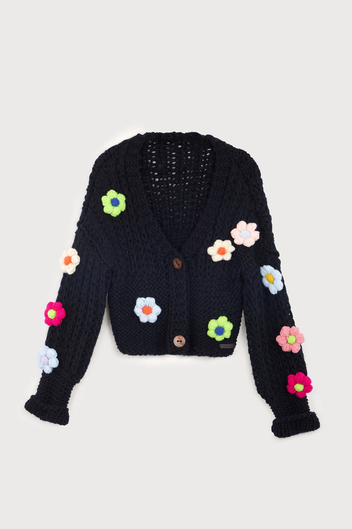 Knitted Floral Appliqué Cardigan With Buttons