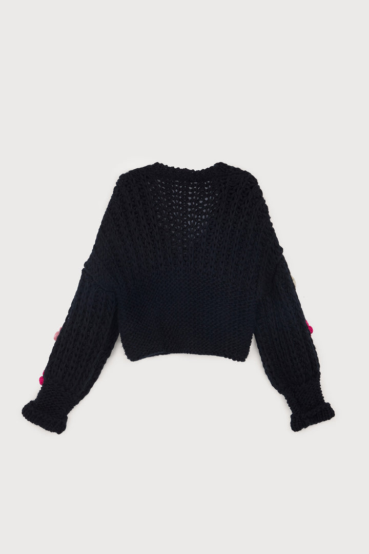 Knitted Floral Appliqué Cardigan With Buttons