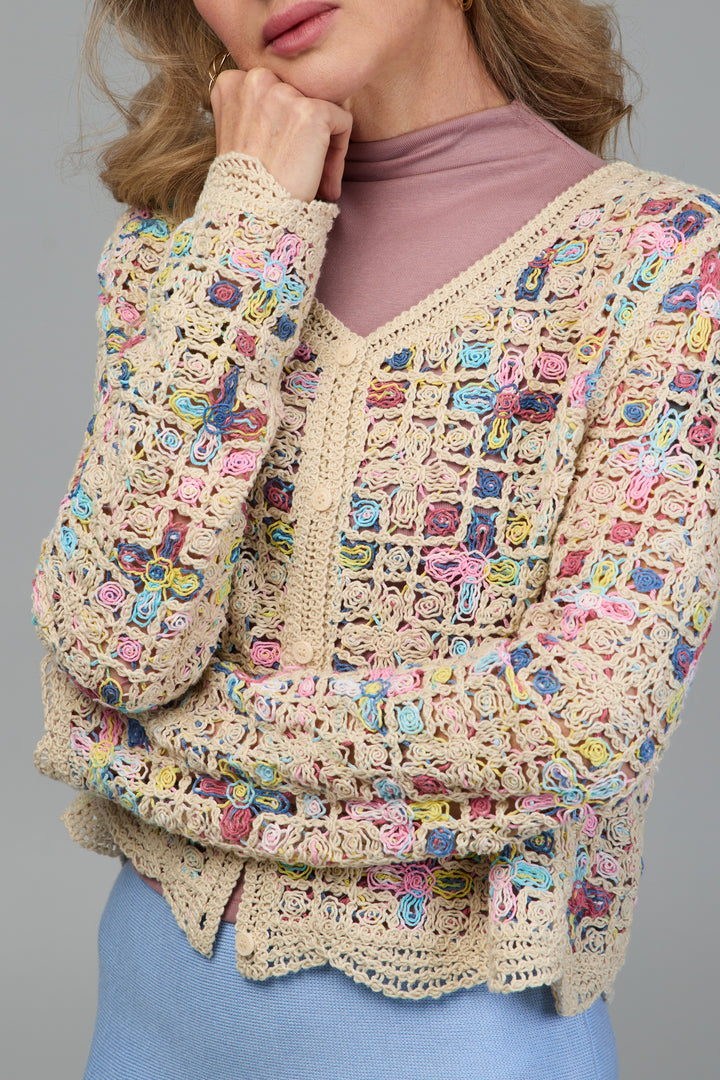 Scalloped Floral Crochet Cardigan