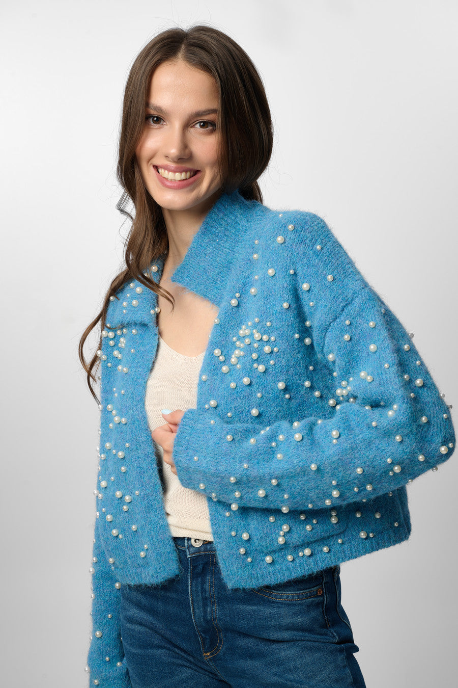Pearl Collared Open Cardigan - Blue