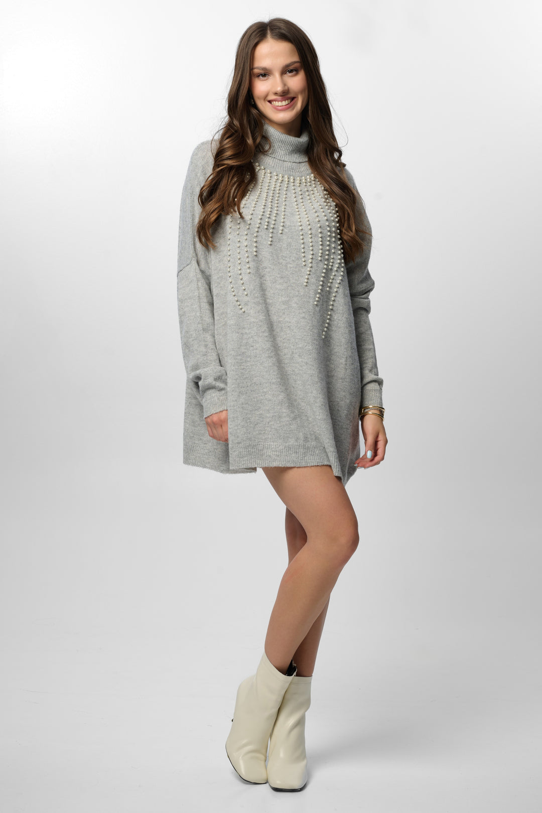 Pearl Drop Turtleneck Sweater - Grey