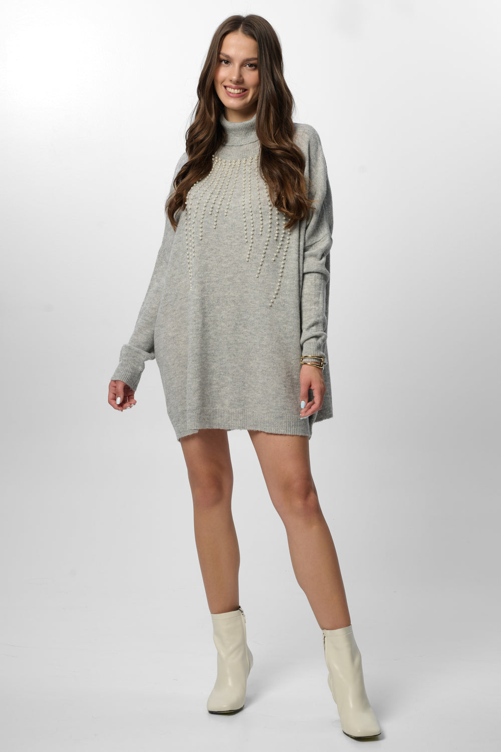 Pearl Drop Turtleneck Sweater - Grey