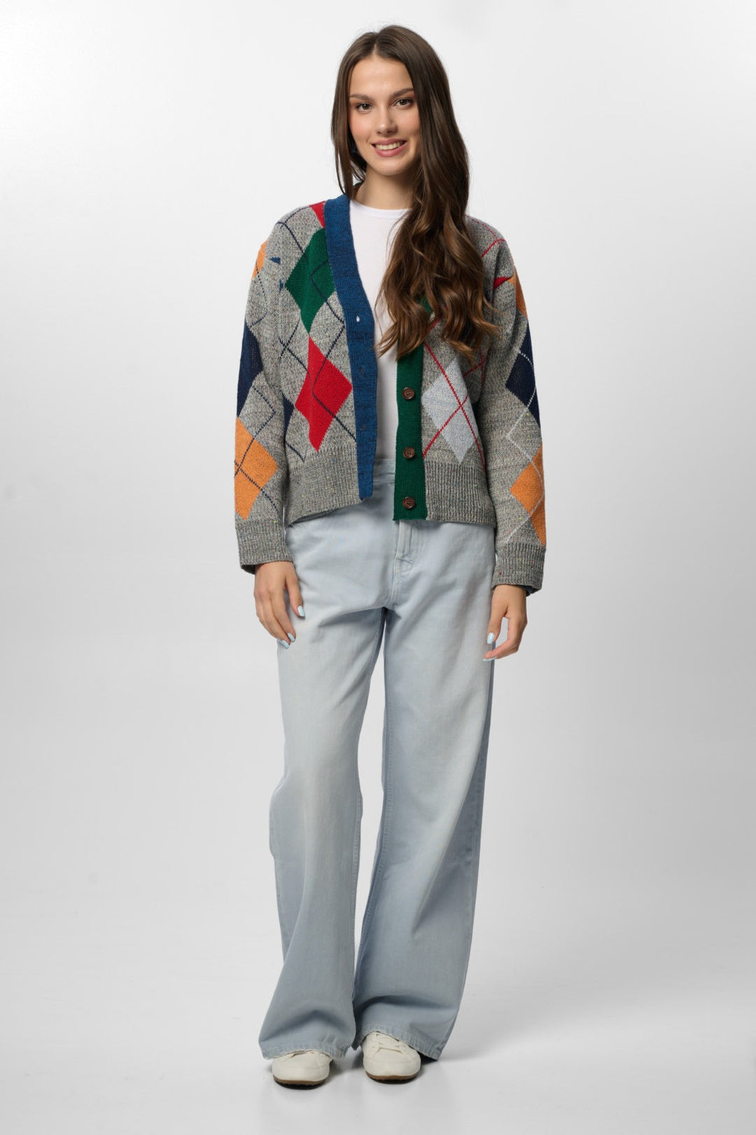 Classic Colorful Argyle Cardigan - Grey