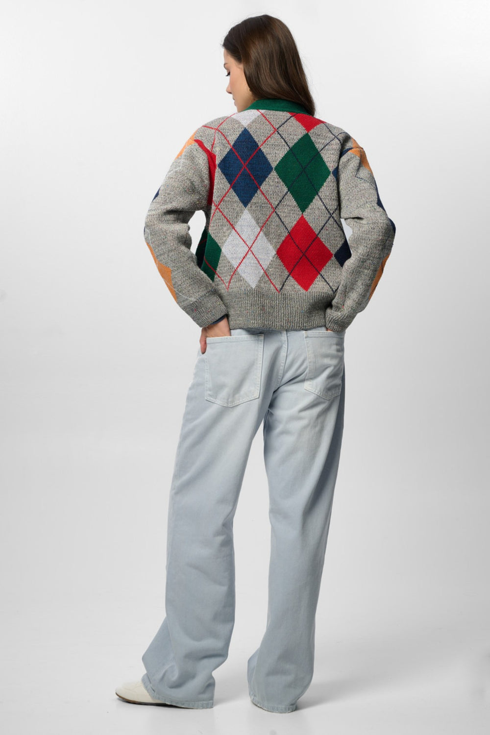 Classic Colorful Argyle Cardigan - Grey
